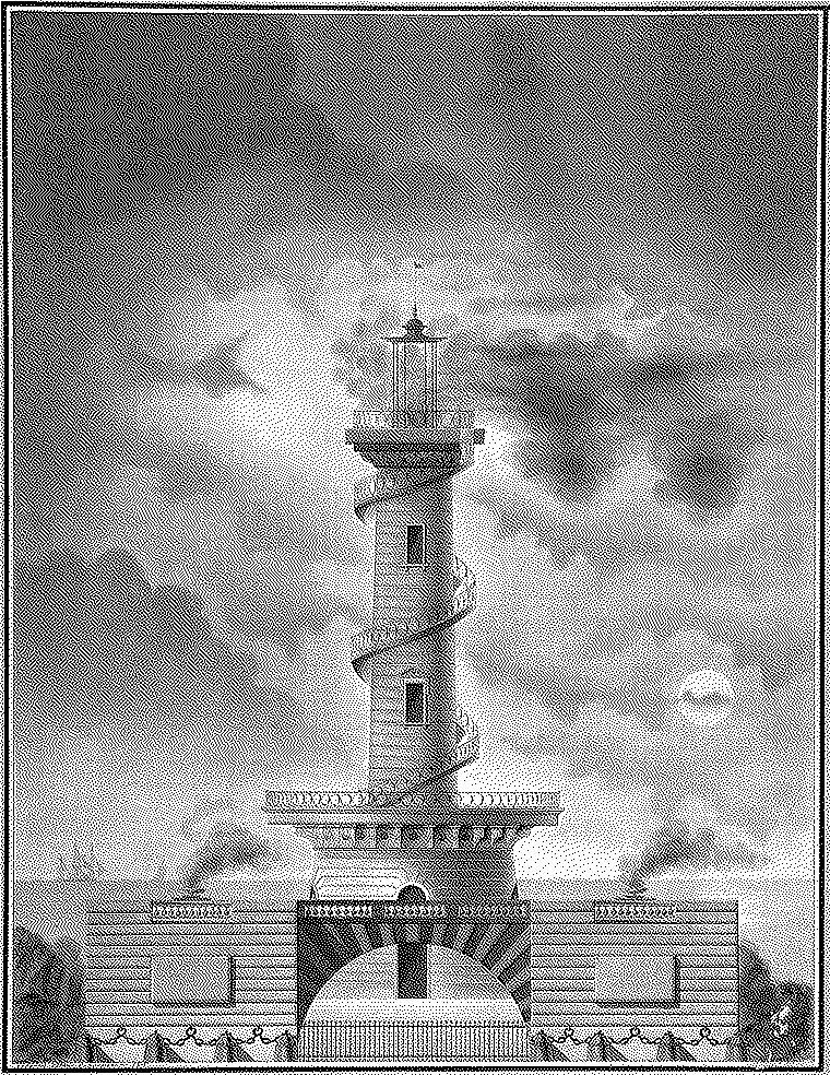 An ornate classical lighthouse rising into clouds, rendered as 1-bit dither.